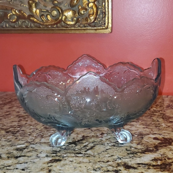 *1117 Vintage Light Blue Footed Carnival Glass Fruit Bowl - Picture 3 of 12